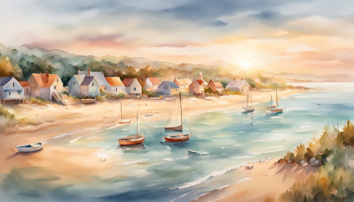Coastal Village Impressionism: Aerial Beach View