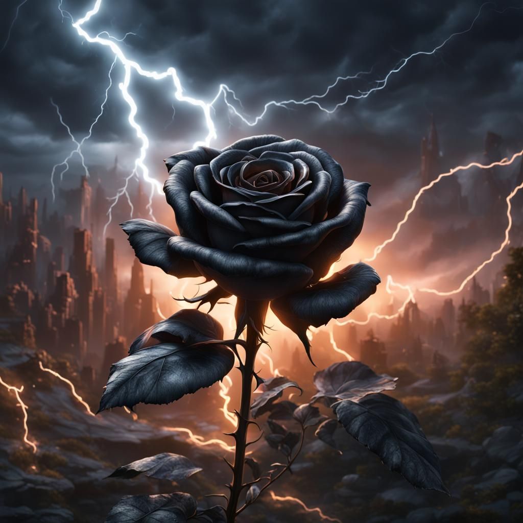 Black Rose Illuminated by Lightning: Detailed Matte Painting