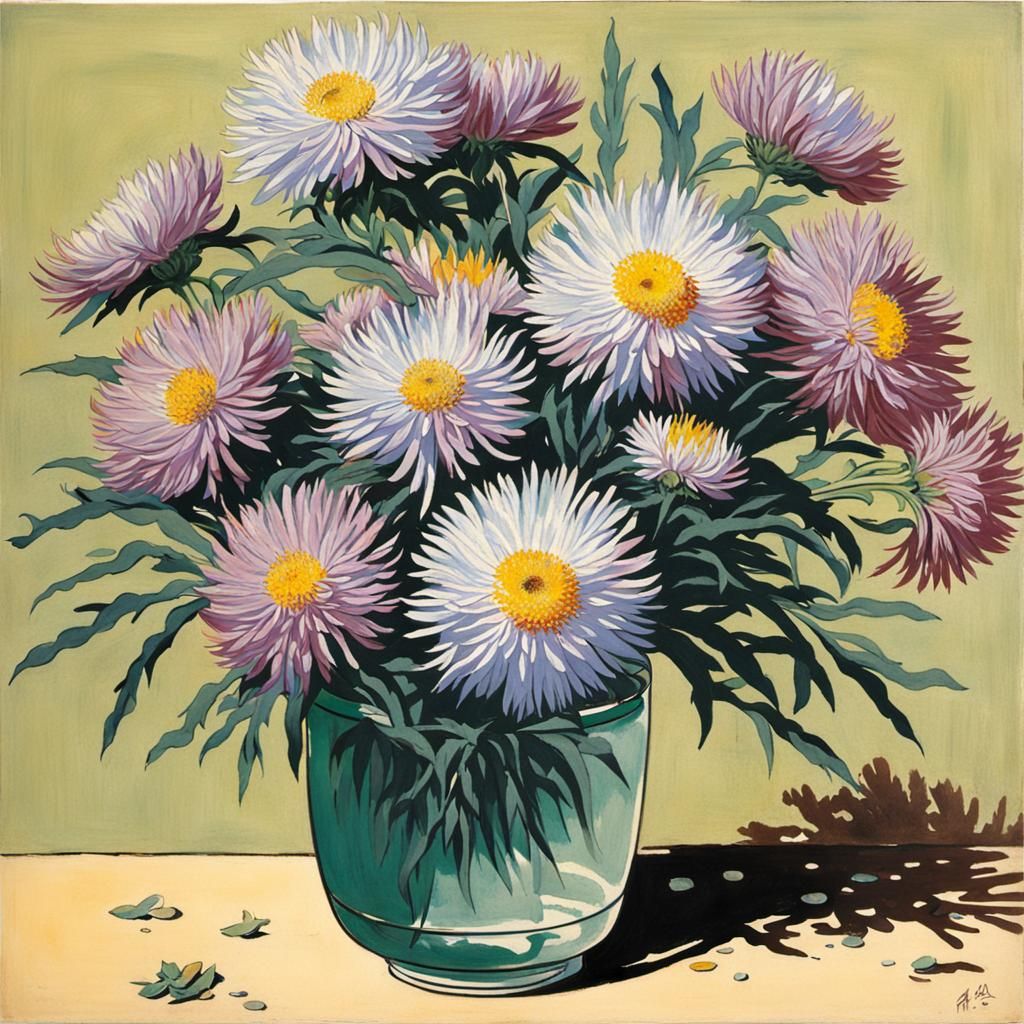 Soft Watercolors of a Single Aster in a Vase, Inspired by Mo...