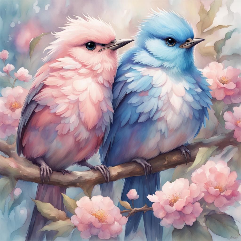 Pastel Birds Snuggling in Watercolor Style