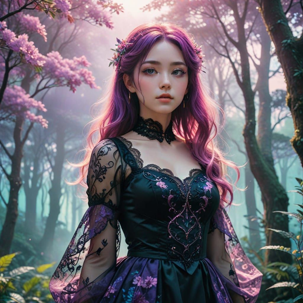 Psychedelic Victorian Lady in Vaporwave Forest