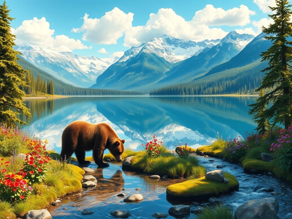Majestic Bear by Serene Lake with Mountains