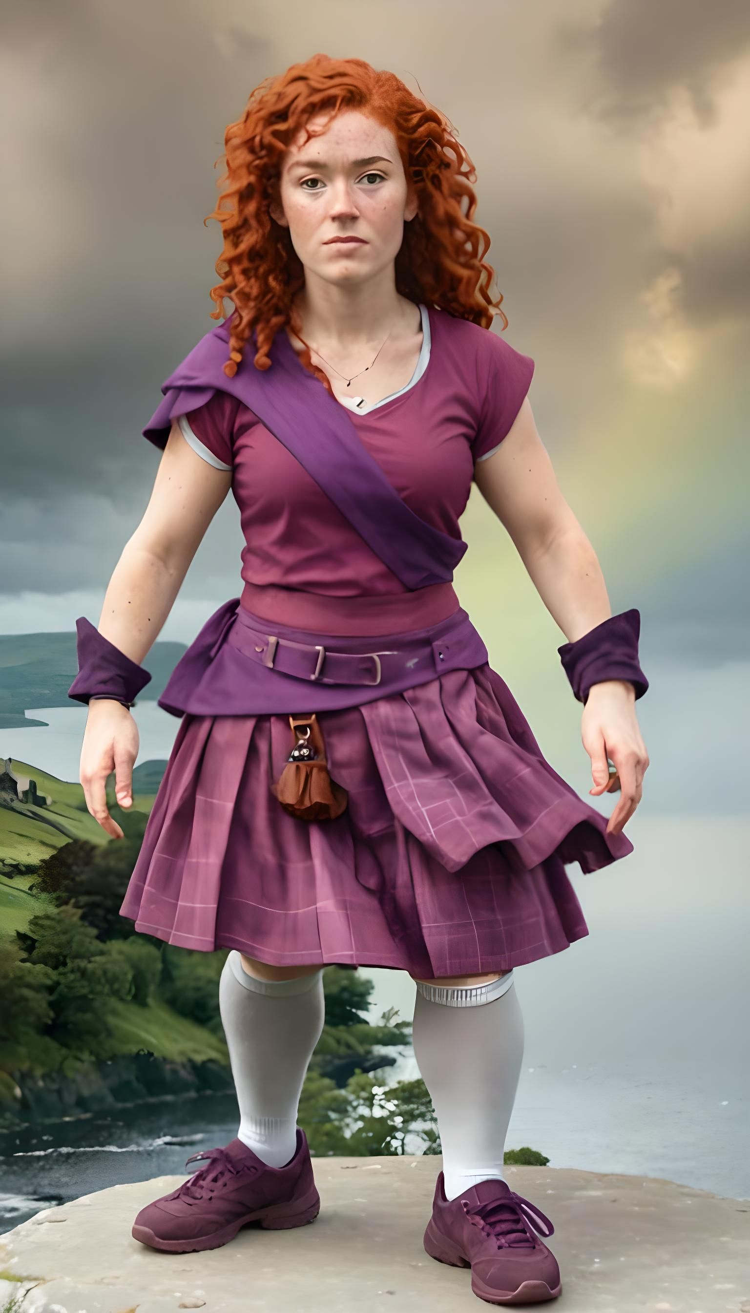 Scottish Woman in Kilt Against Landscape
