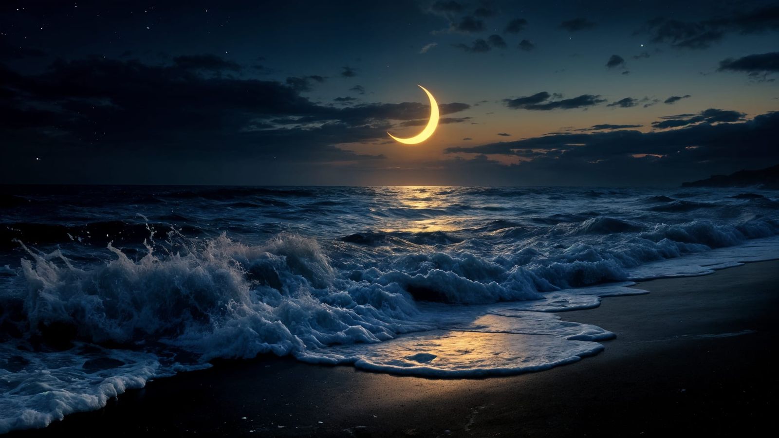 Moonlit Ocean Waves Crashing on Sand