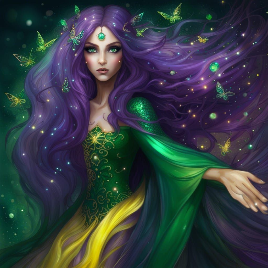 Glittering Purple and Emerald Fairy with Yellow Eyes