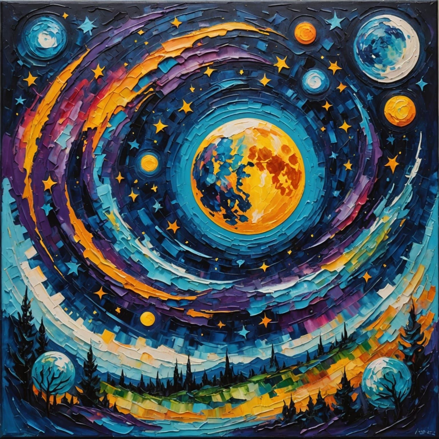 Melting Moon Galaxy Oil Painting with Impasto Texture