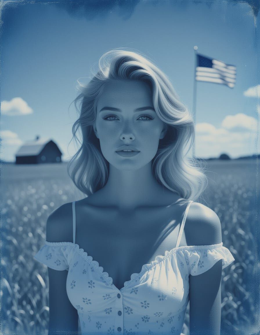 Cyanotype Portrait of American Woman in Meadow