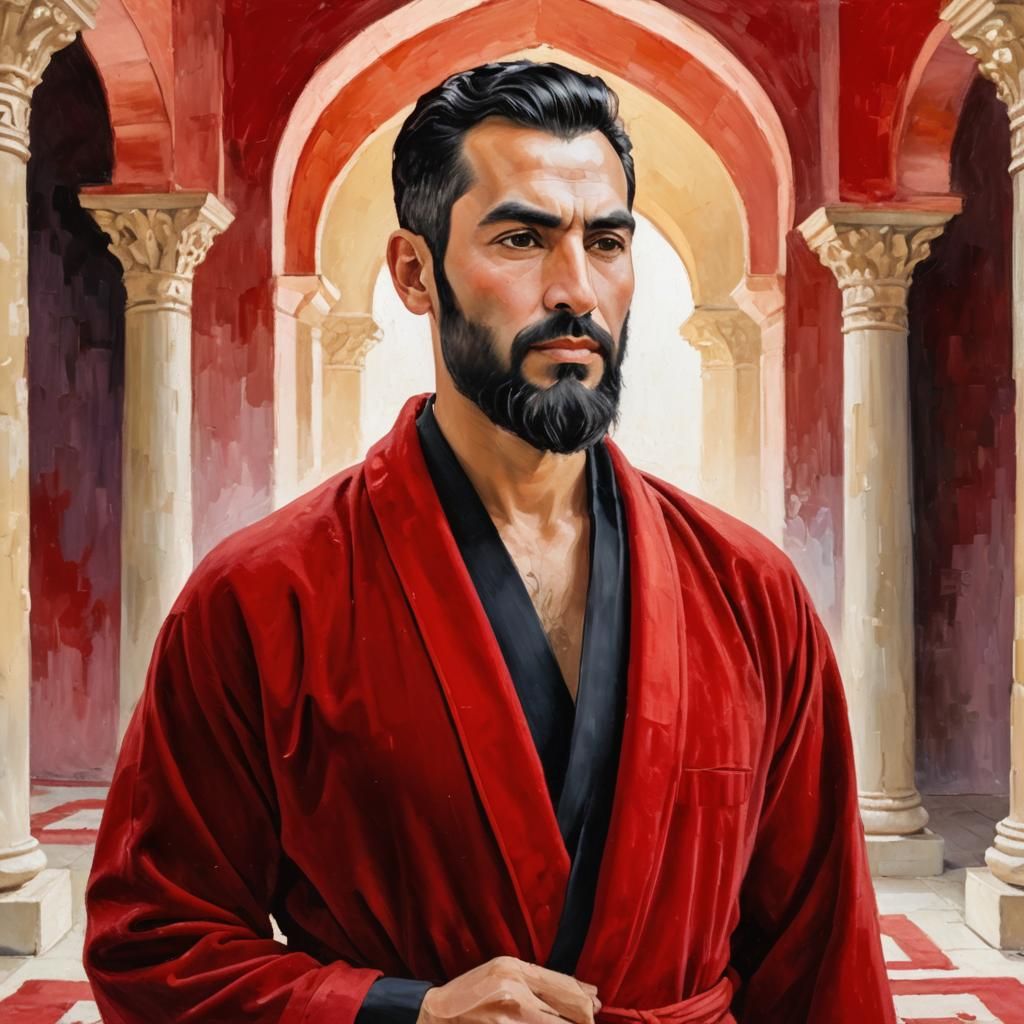 Handsome Man in Red Robe, Neo-Impressionist Oil Painting