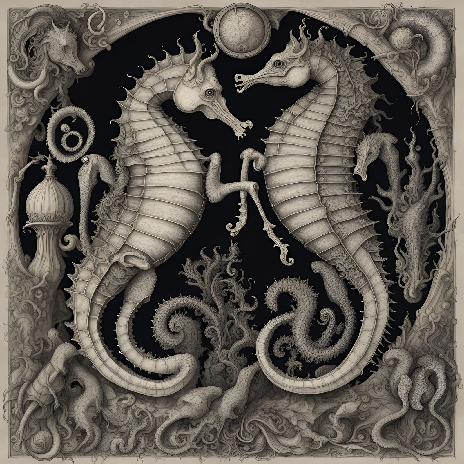 Seahorses of the Apocalypse in the style of Albrecht Dürer