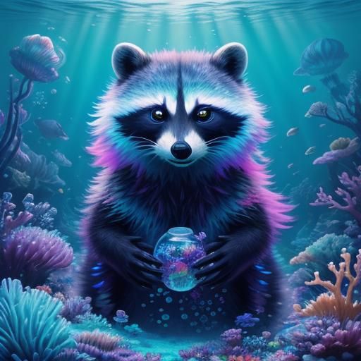 Glowing Raccoon in Underwater Candy Dreamscape