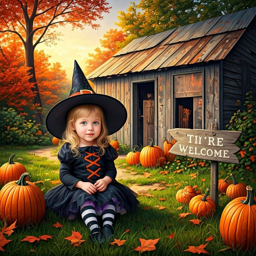 Whimsical Witch Welcomes Visitors in a Colorful Scene
