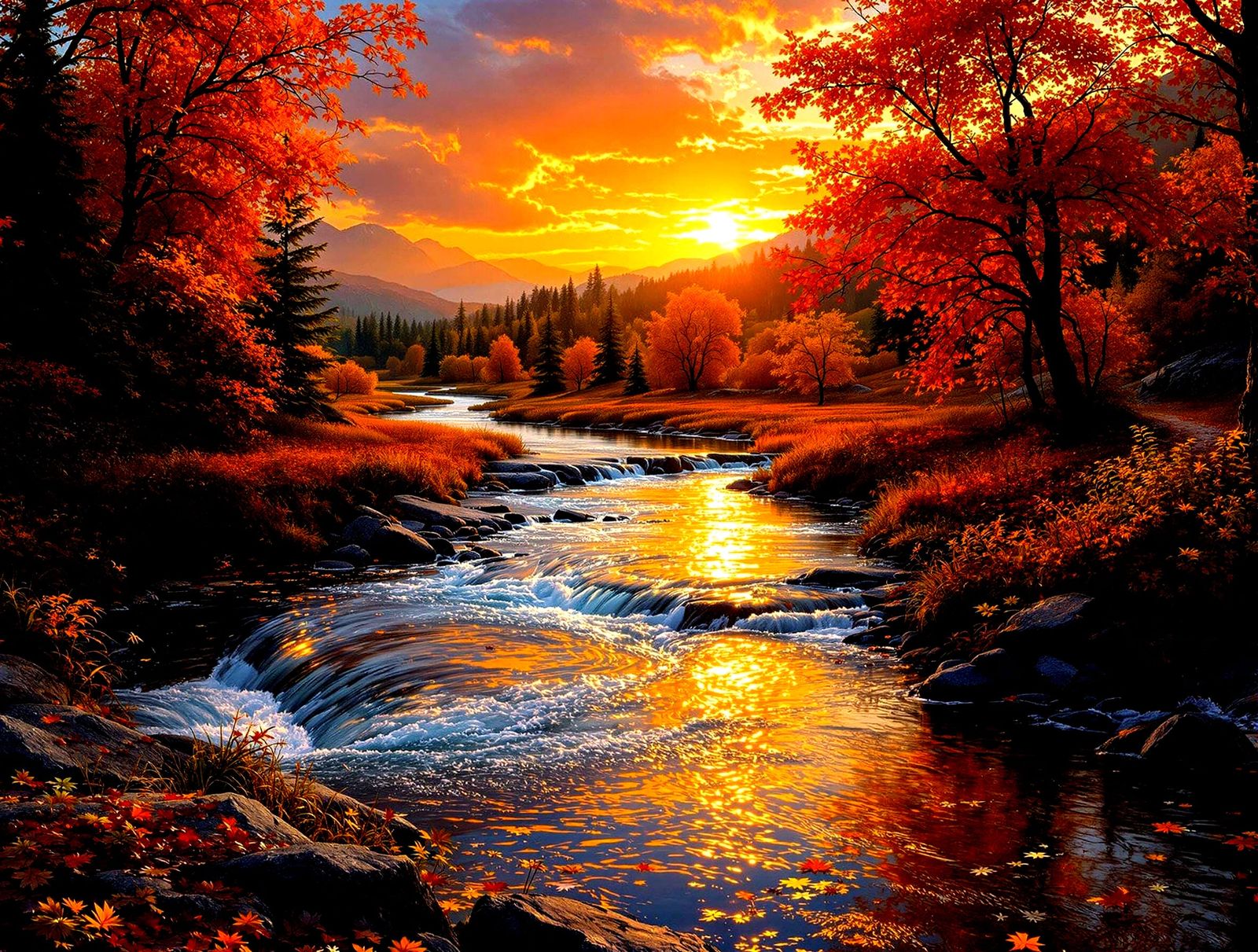 Surreal Autumn Landscape with Hyperdetailed River and Dazzli...