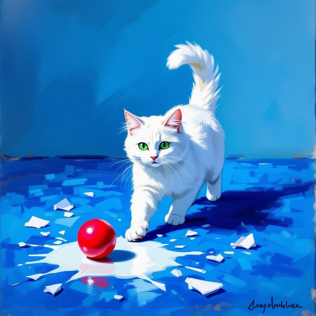 White Cat Chasing Red Ball in Impressionist Room