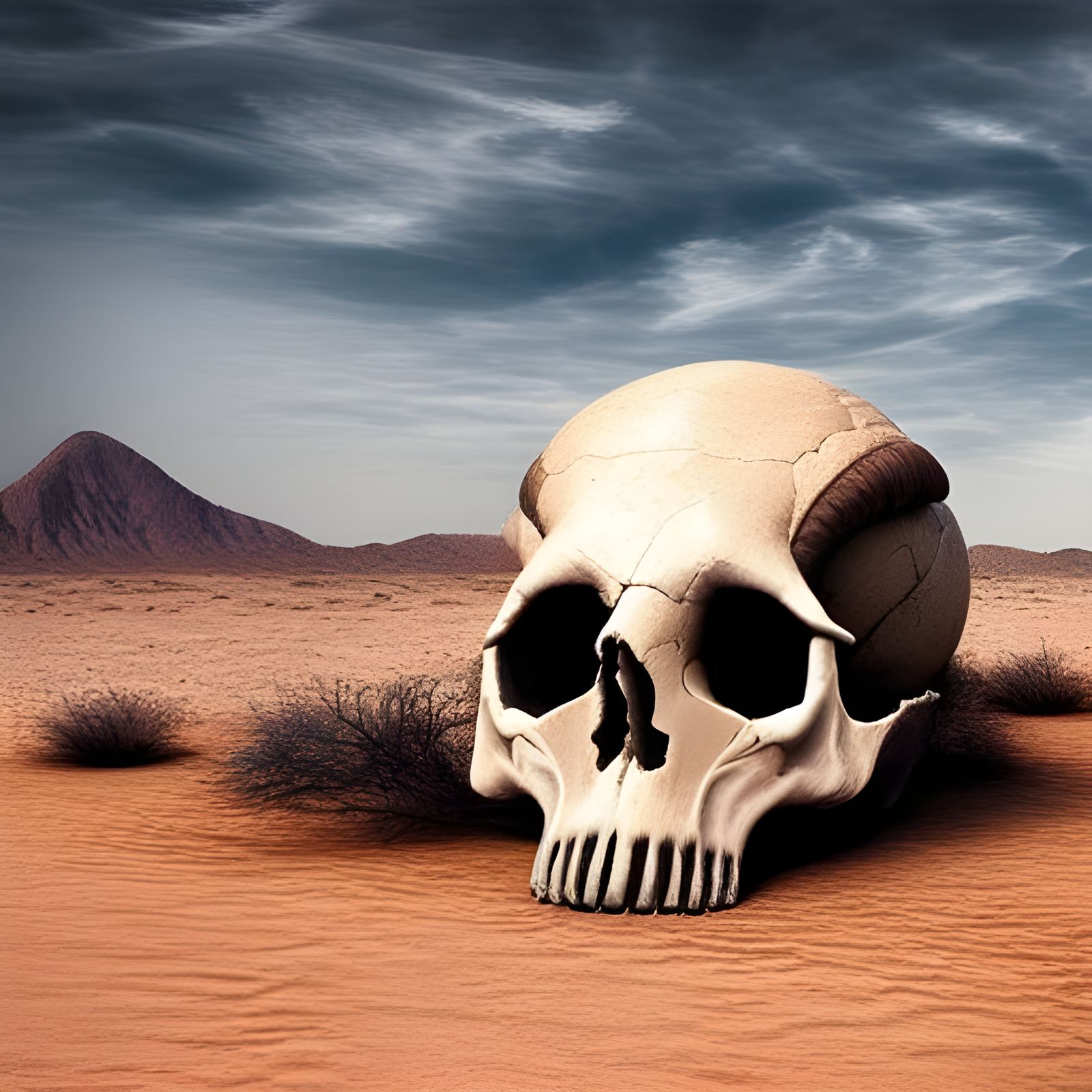 Detailed Ram Skull in Desert Landscape