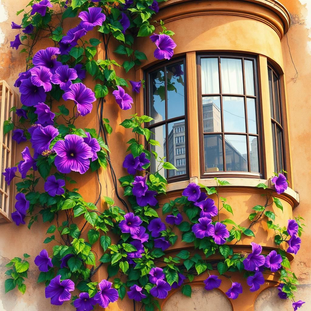Hibiscus Flowers Adorn Dilapidated Building in Ink Wash