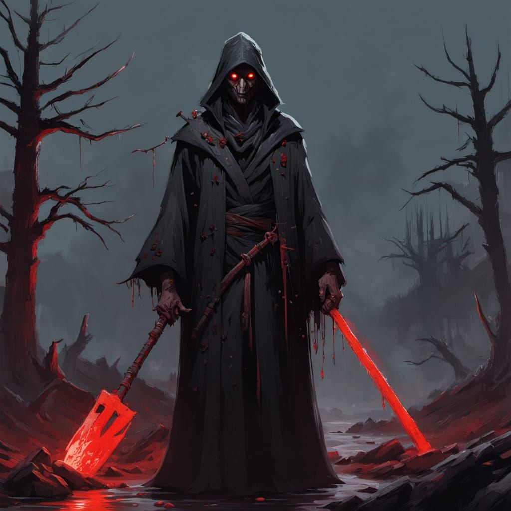 Blood-soaked, red-eyed handsome male cultivator wearing tatt...