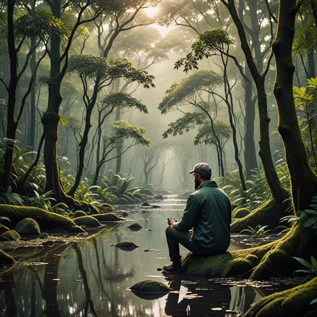 Serene Forest Scene with Man in Nature