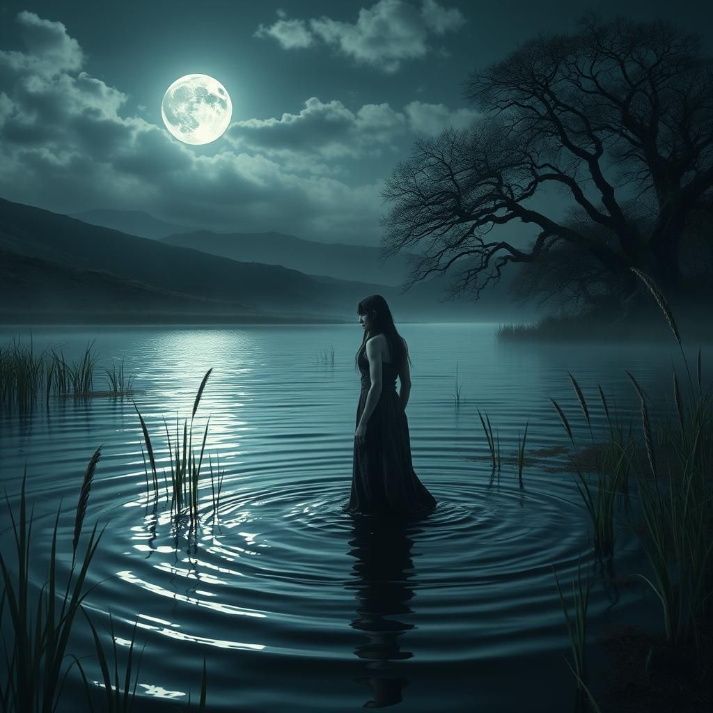 Ethereal Woman Emerges from Muddy Lake Shore