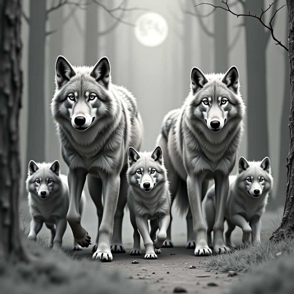 Wolves Roaming in Misty Forest, Photorealistic Illustration