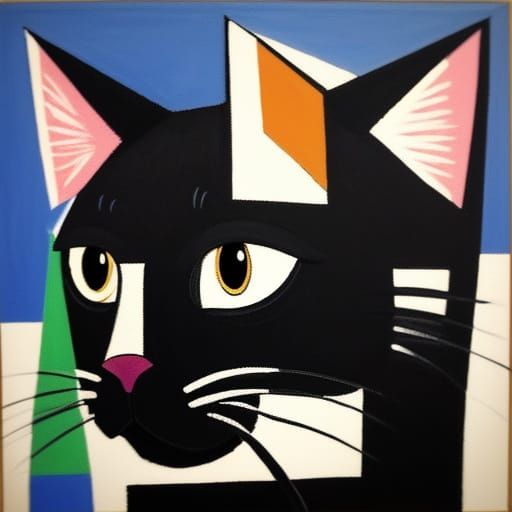 cat, abstract painting, geometric pattern, cubist body, asym...