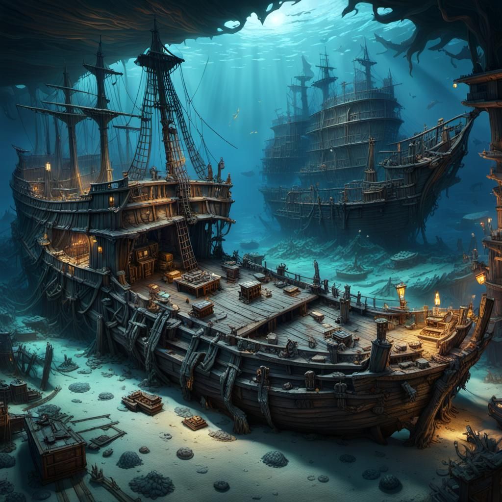 an old shipwreck site, rotten galleon burried miles beneath the surface