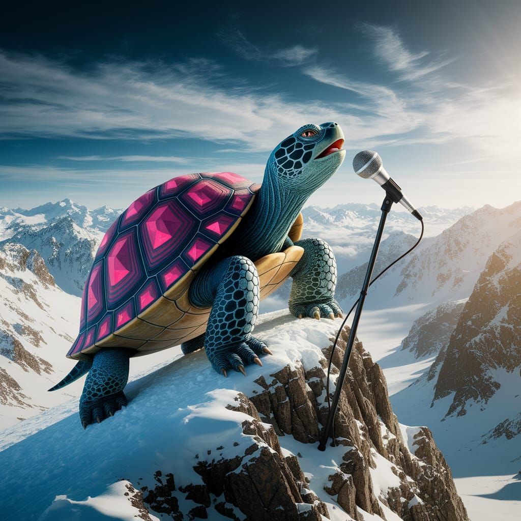 Singing Ruby Turtle on Mountain Peak, Hyperrealistic Art