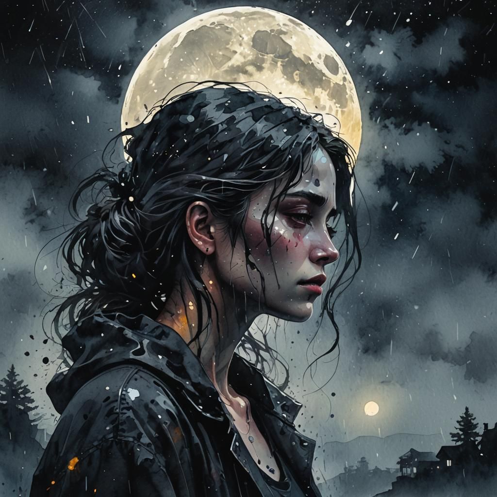 Melancholy Woman Silhouette in Macabre Watercolor Style