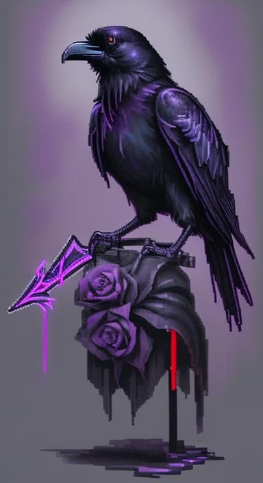 Raven, Rose, Tome, and Sword in Pixel Art