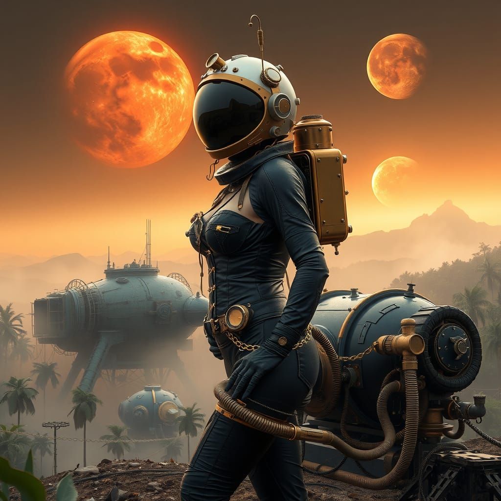 Steampunk Astronaut on Exotic Jungle Planet