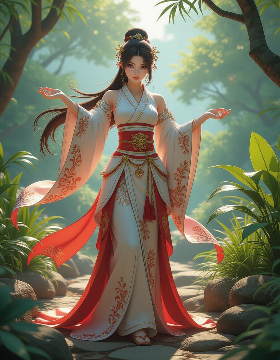 Anime Woman in Lush Scenery: 3D Art Style