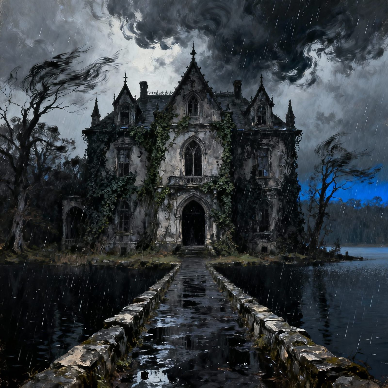 Victorian Gothic House of Usher in Stormy Light
