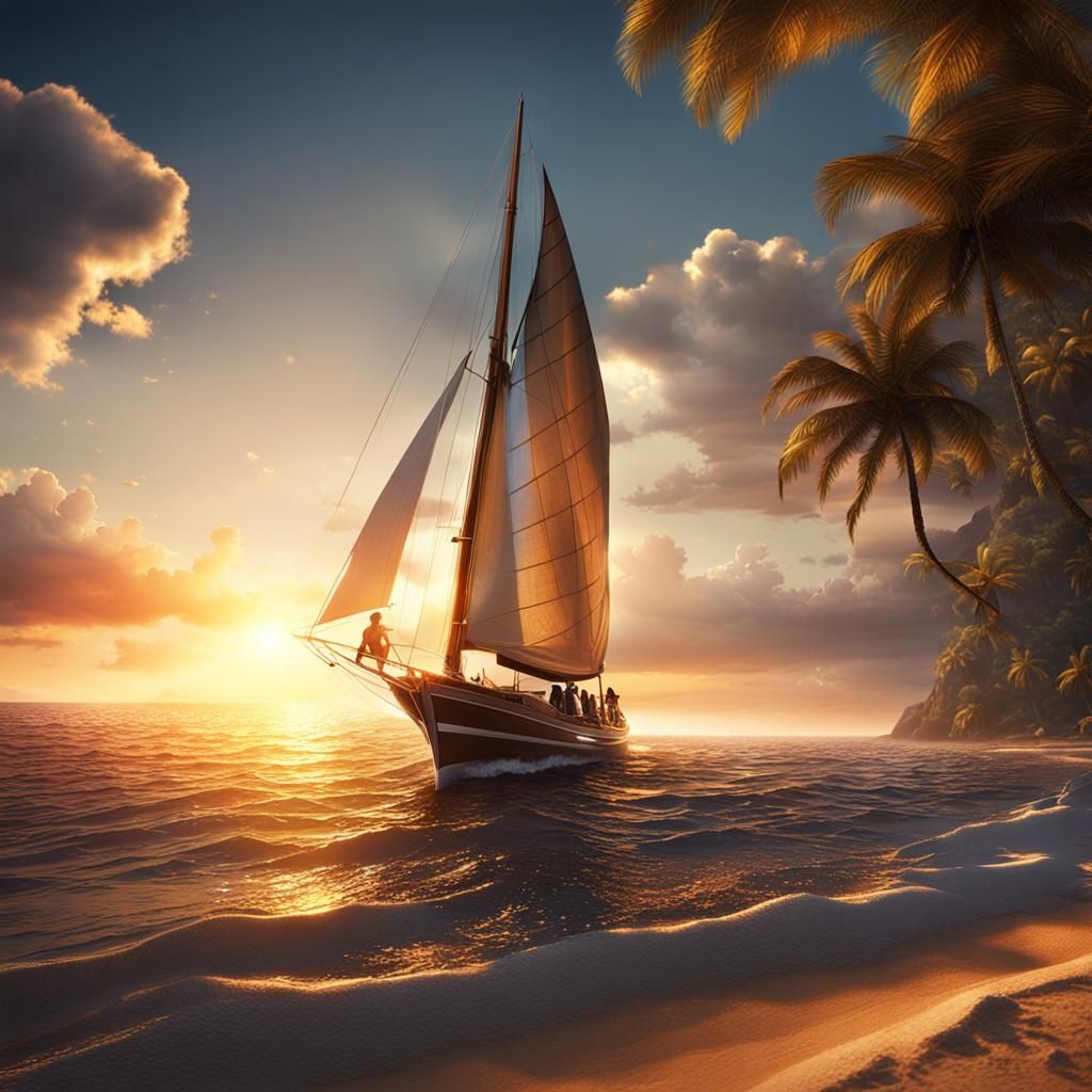 Romantic Beach Sunset with Sailboat: Digital Matte Painting