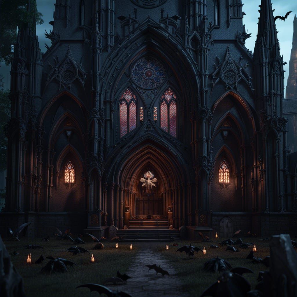 Gothic Church with Bats in Dark Fantasy Art