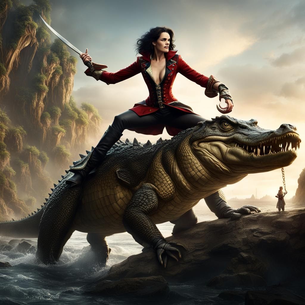 Female Captain Hook Wrestles Crocodile: Fantasy Concept Art