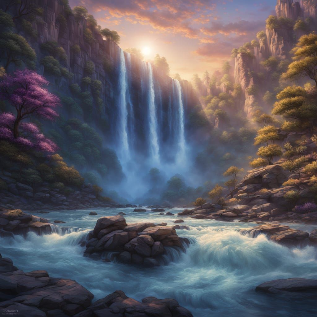 Ethereal Fantasy Sunset Over Majestic Waterfall