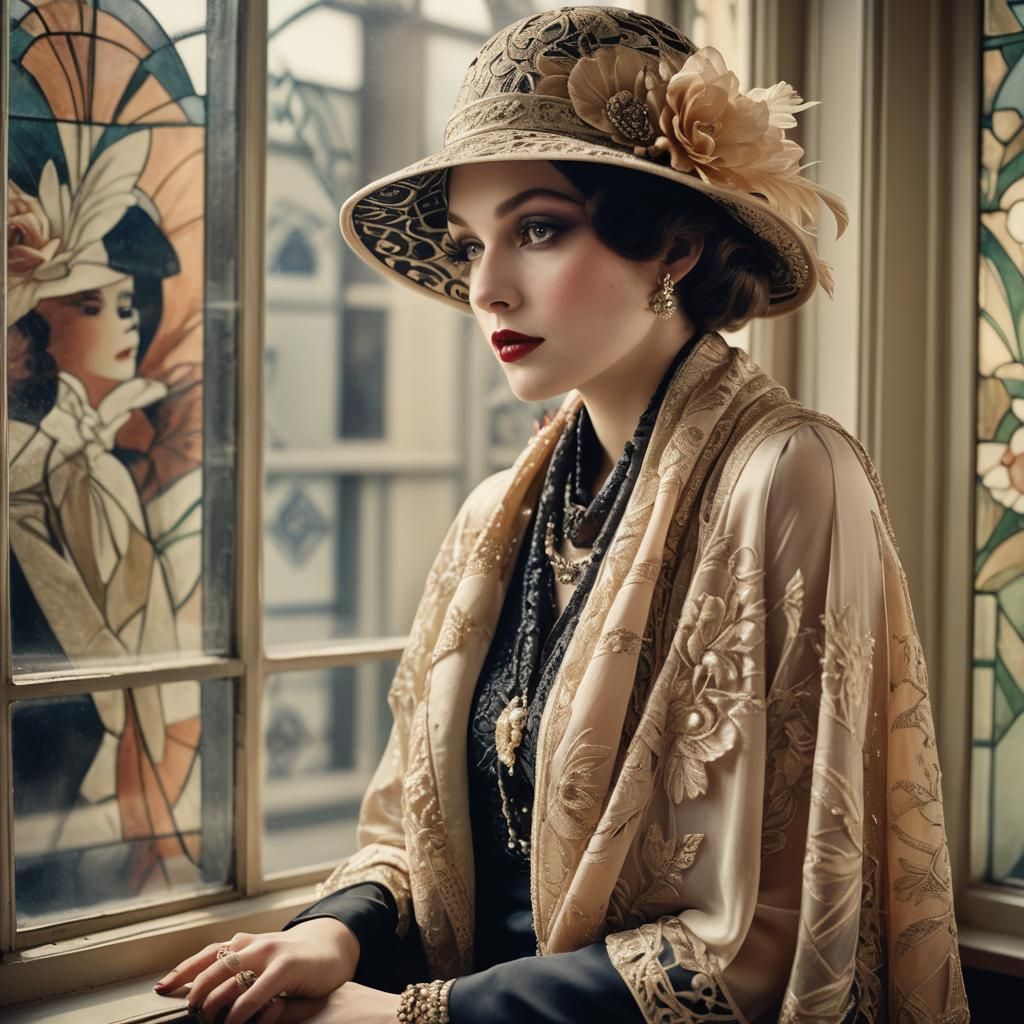 1920s Woman in Art Deco Window, Vintage Photography