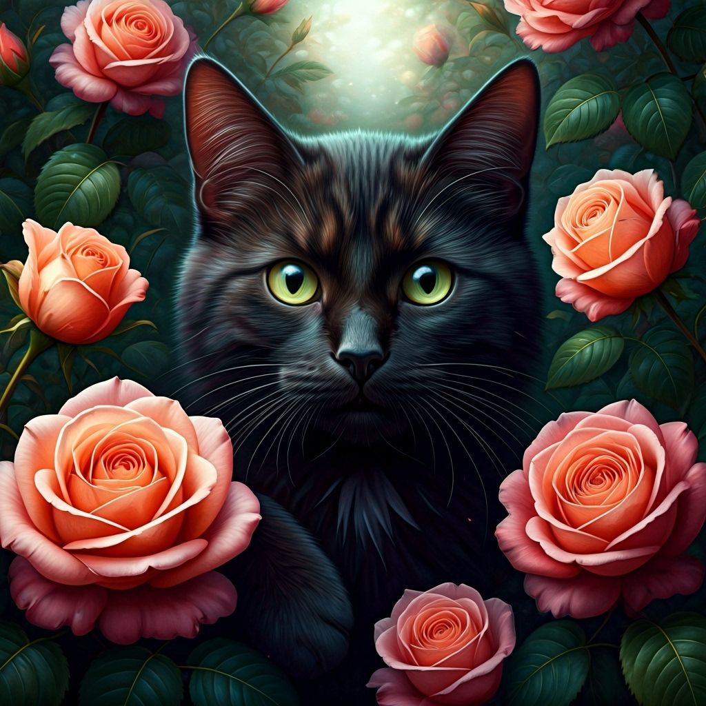 Black Cat in Rose Garden: Pre-Raphaelite Style