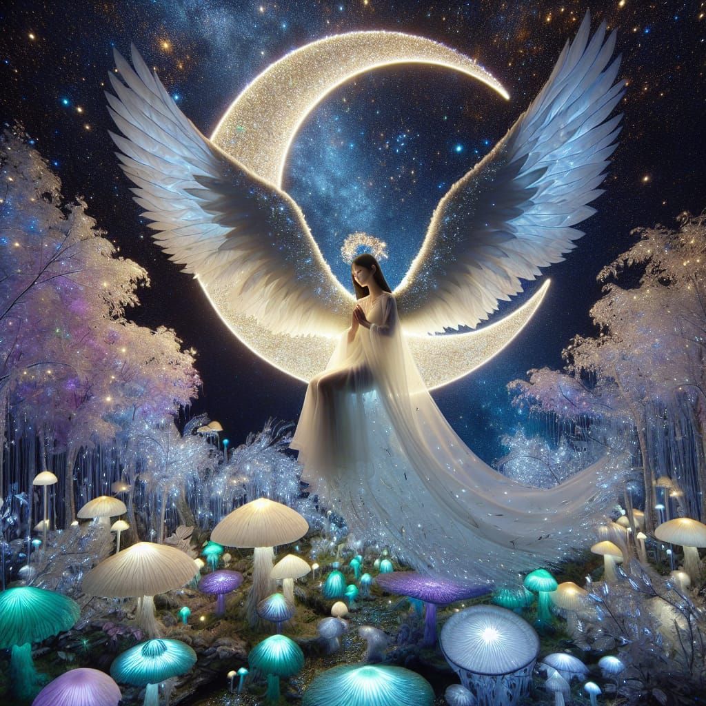 Celestial Angel on Crescent Moon Fantasy Scene