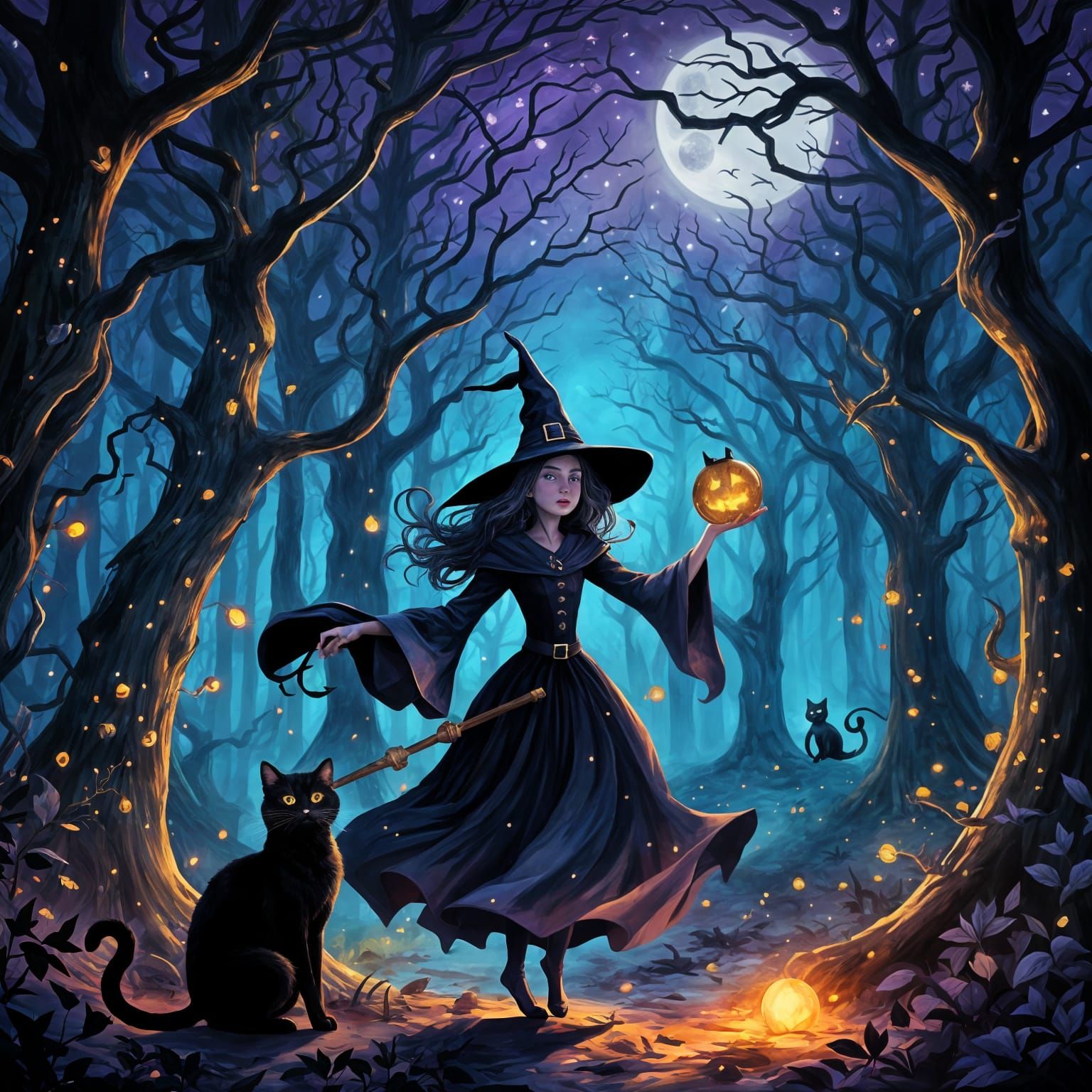 Moonlit Forest Scene with Witch and Black Cat