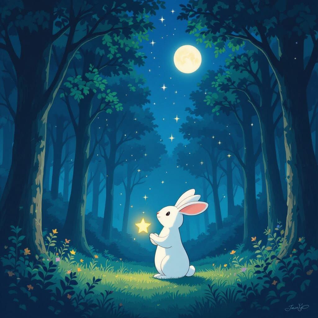 Magical Night Forest with Rabbit and Glowing Star