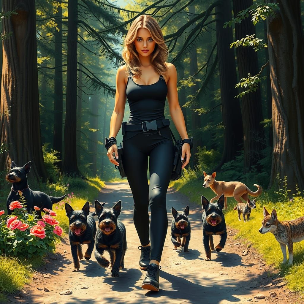 Woman and Dogs on Wooded Path in Fantasy Style