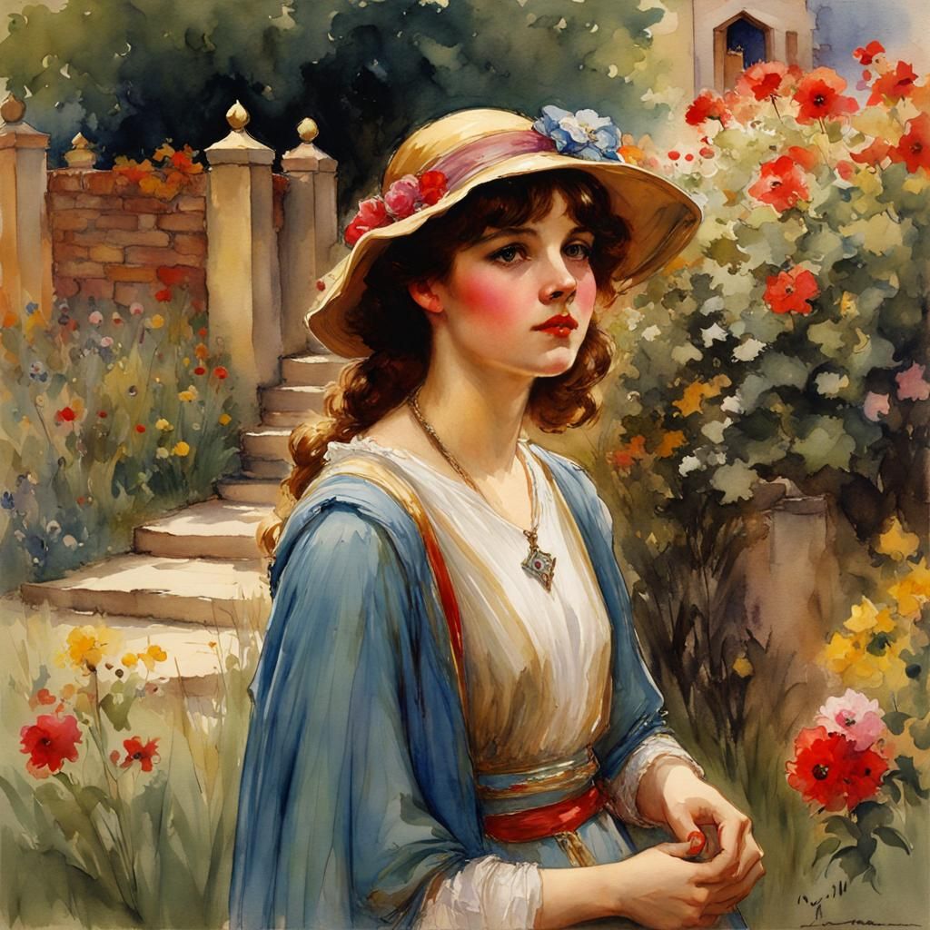 Medieval Girl in Garden Path, Watercolor Art