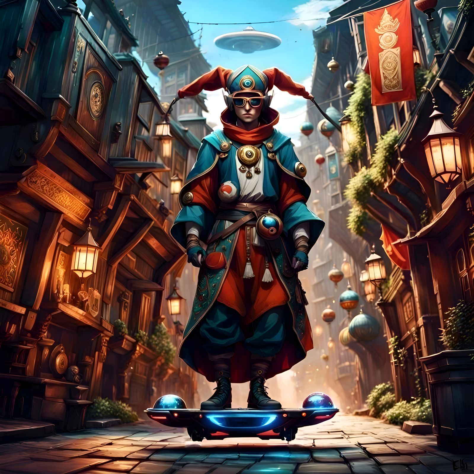 Medieval Jester with PokèBall on flying hoverboard