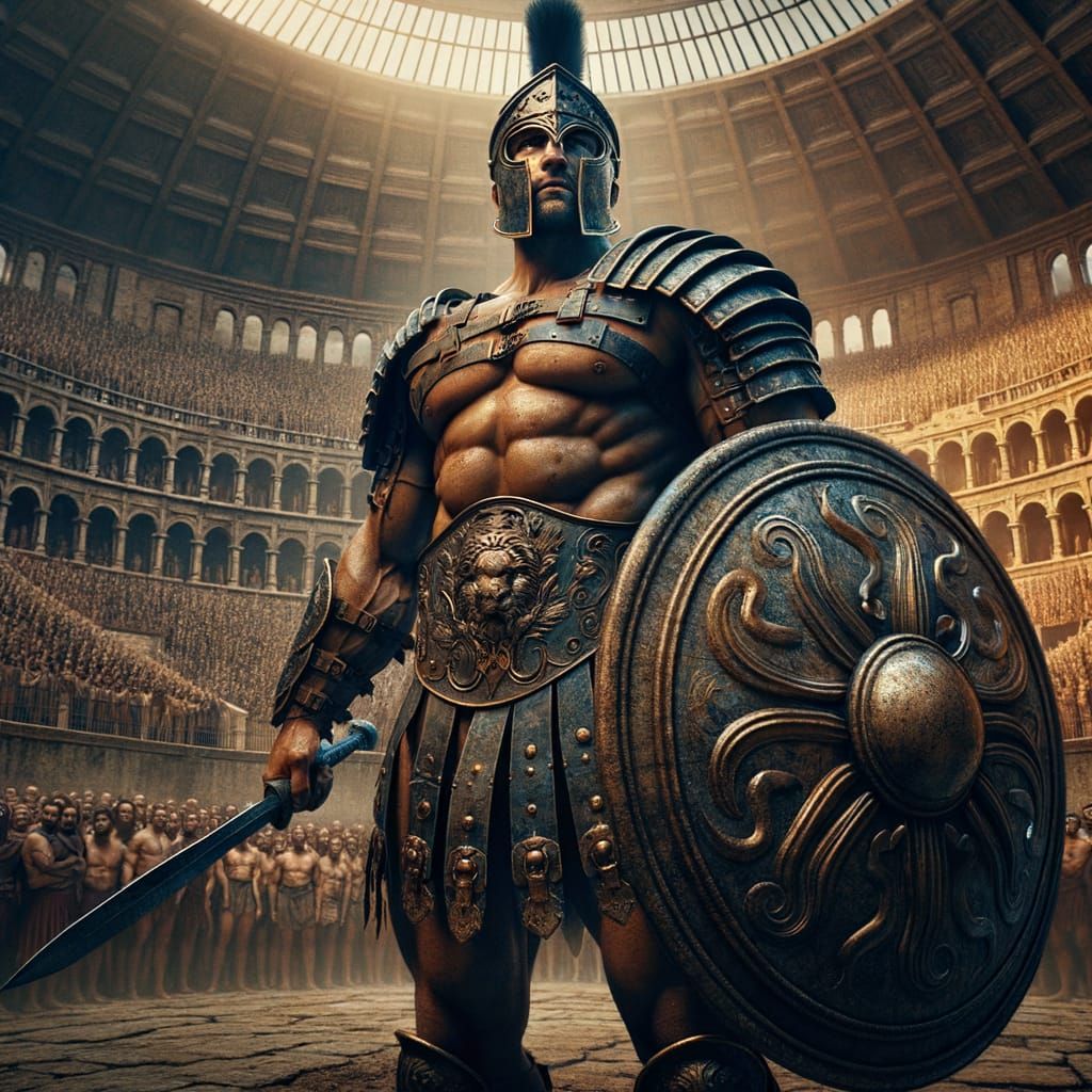 Roman Gladiator in Colosseum, Hyper-Realistic Surrealism