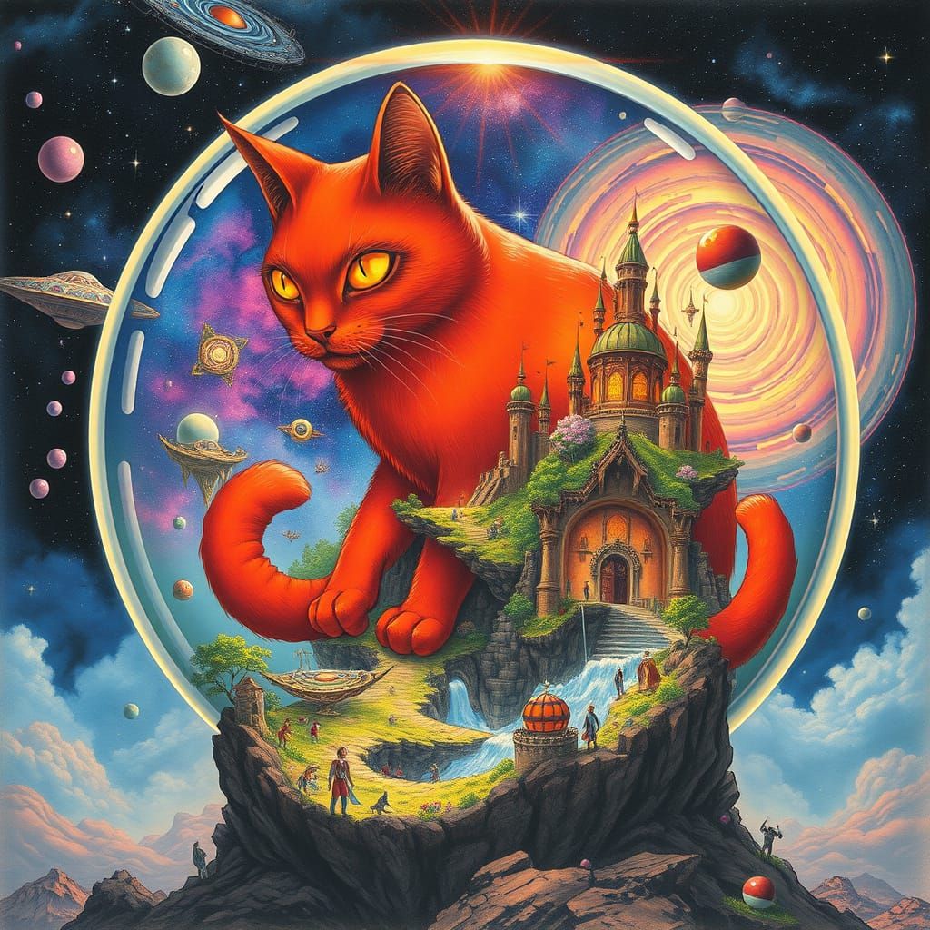 Whimsical Cosmic Realm of a Glowing Red Feline
