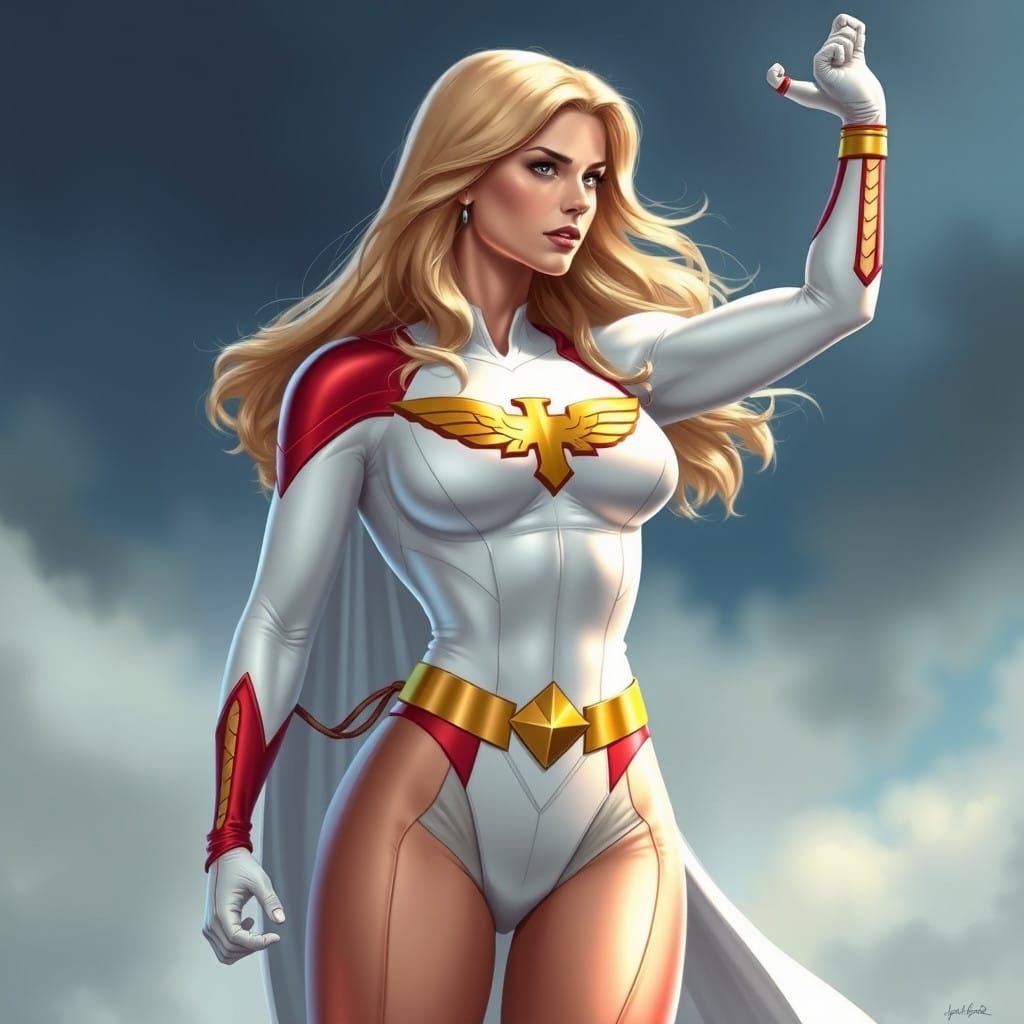 Powergirl in Classical, Hyper-Realistic Comic Book Style