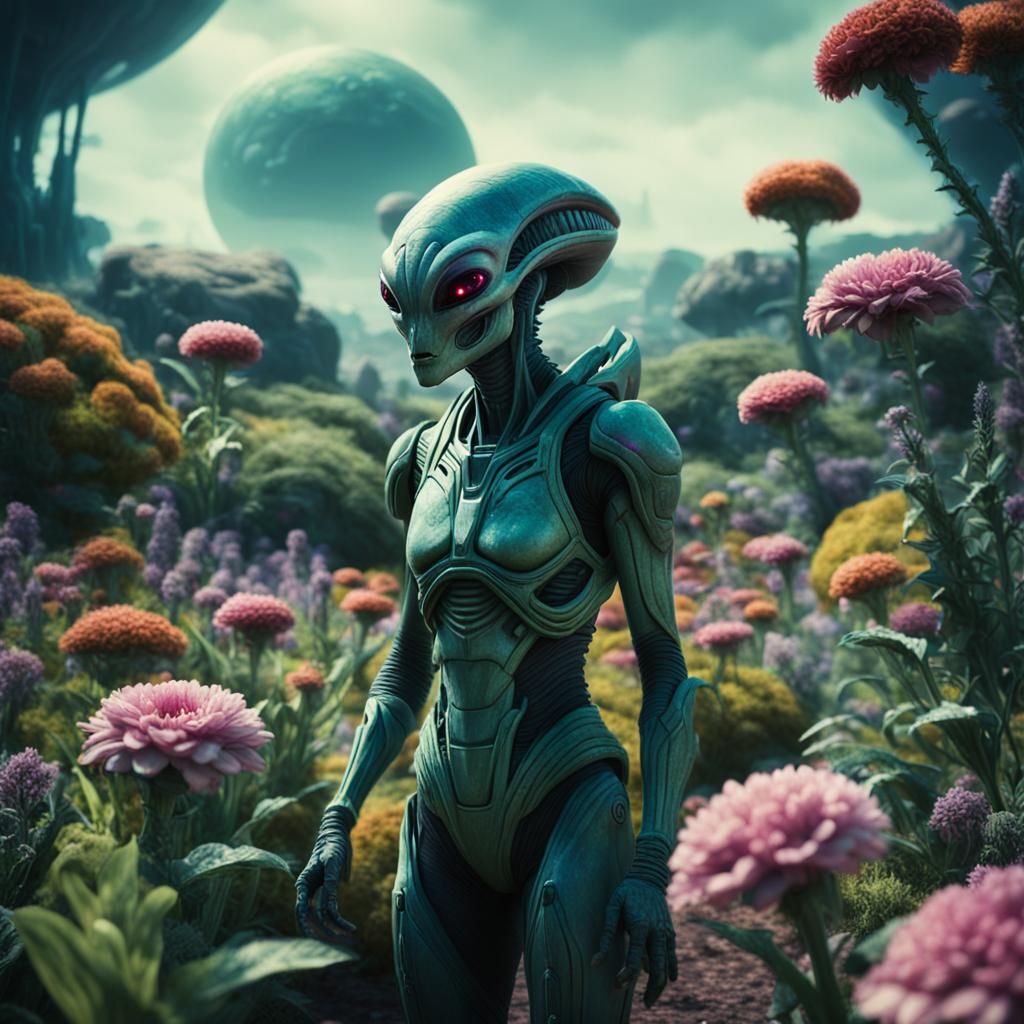Alien Girl in Flower Garden: Cinematic Film Still