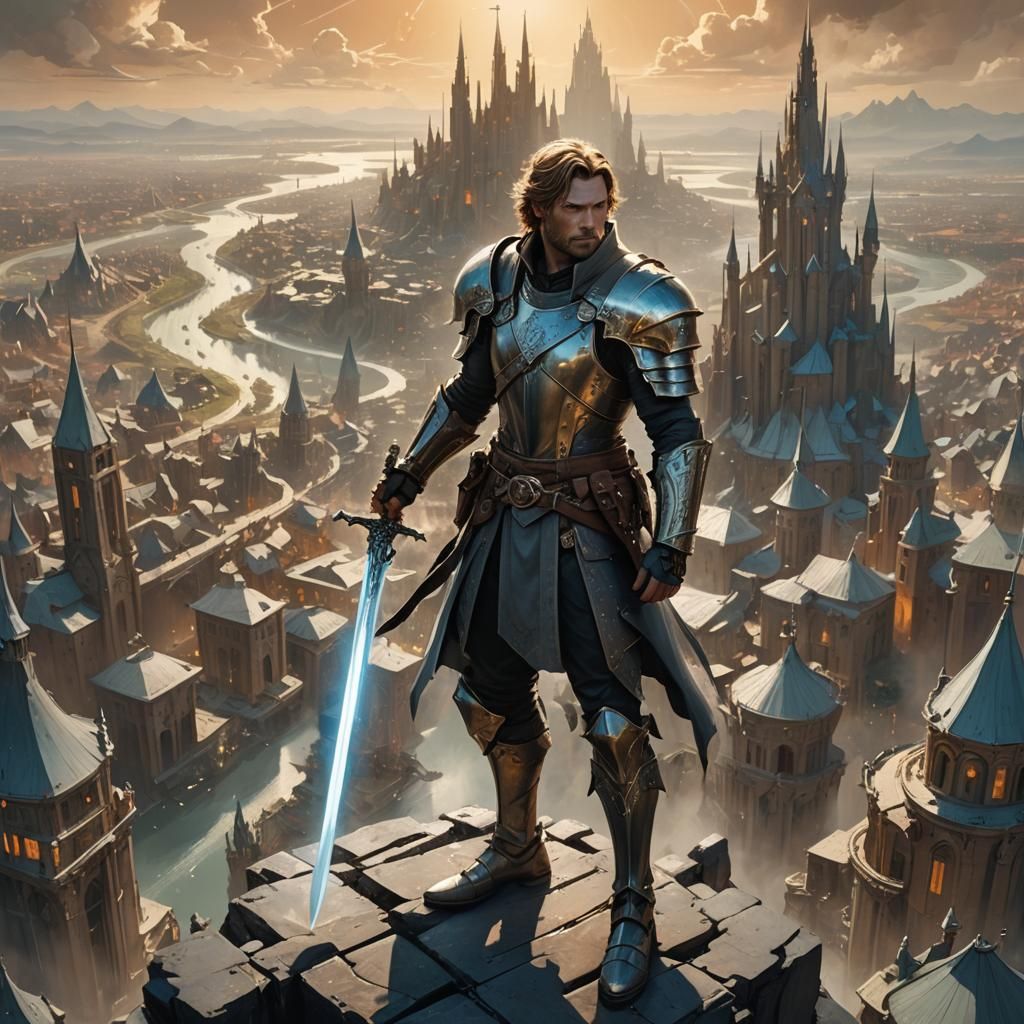 Heroic Figure in Dream Cityscape: Fantasy Artwork