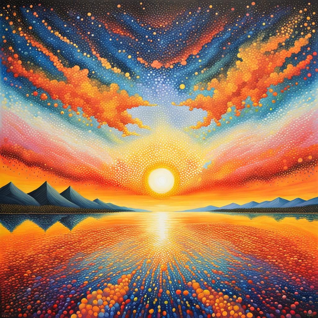 Pointillist Sunset Landscape with Iridescent Hues