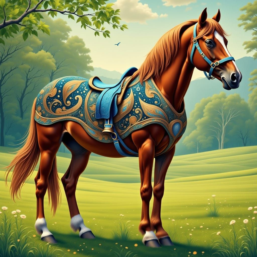 Majestic Paisley Belgium Draft Horse in Whimsical Folk-Art S...